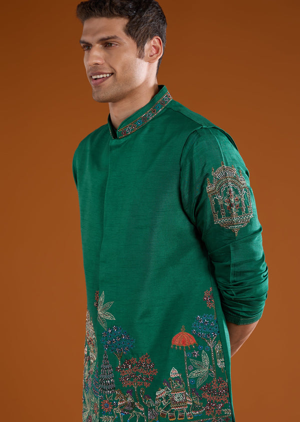 Green Dola Silk Jacket Kurta Set with Thread Work