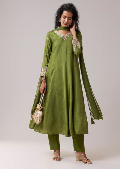 Green Dola Silk Zardozi Embellished Anarkali Pant Set