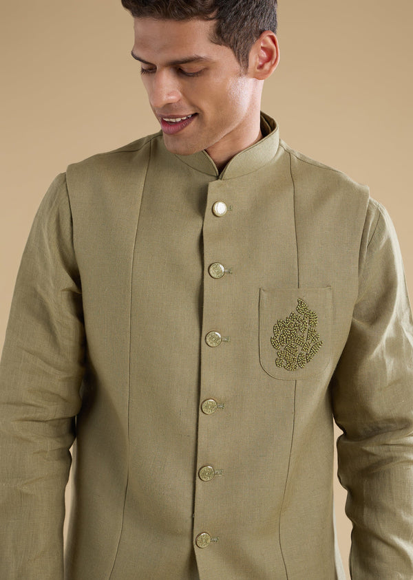 Green Embellished Linen Kurta Jacket Set