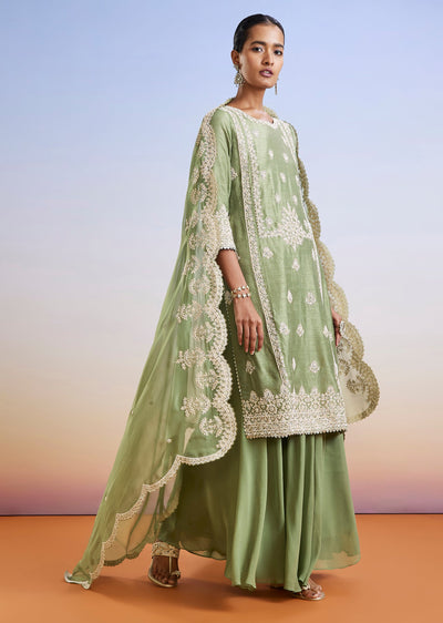 Green Embroidered Dola Silk Palazzo Suit With Dupatta