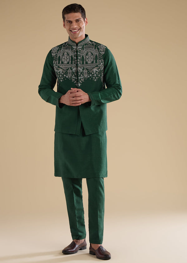 Green Embroidered Silk Kurta Jacket Set