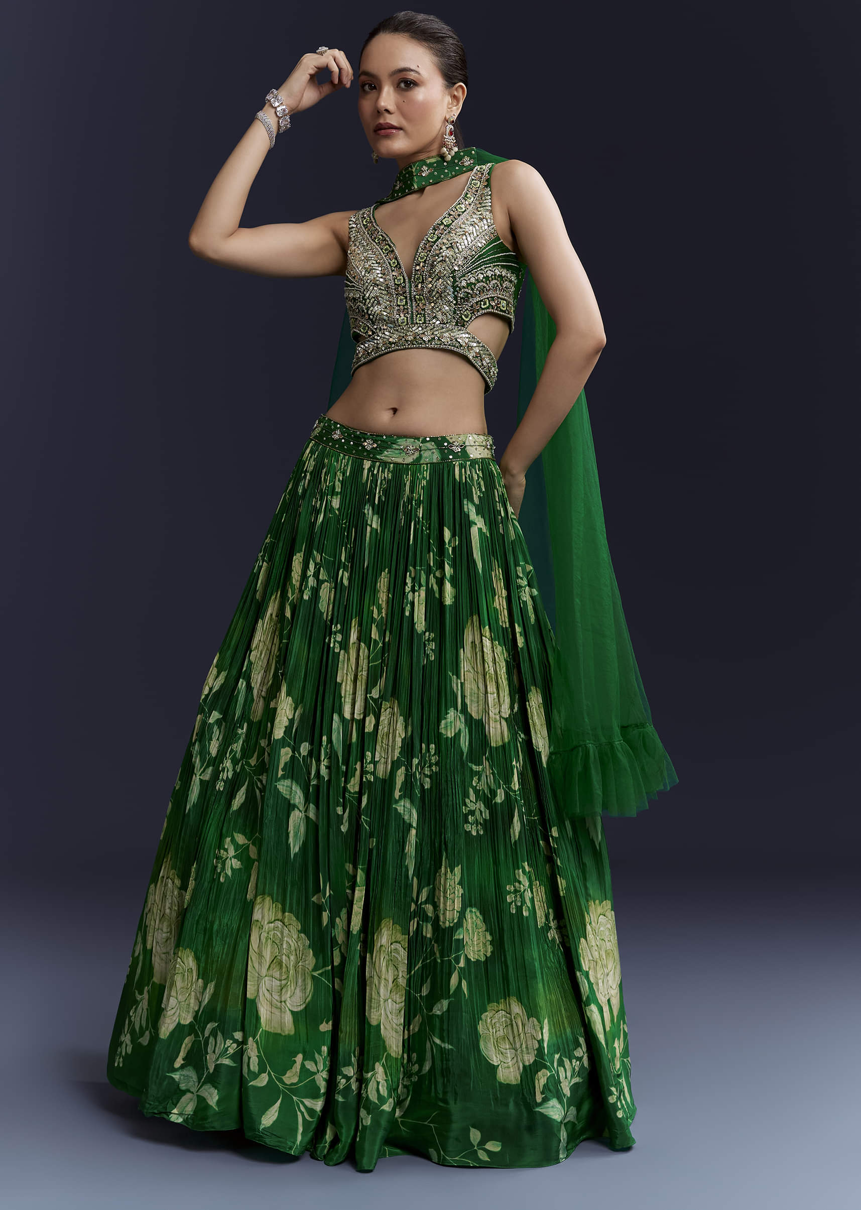 green-floral-print-bridesmaid-crepe-lehenga-set-sg338590-4.jpg