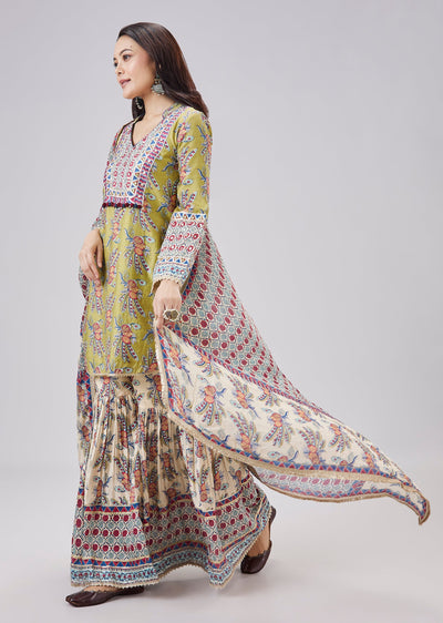 Green Floral Printed Sharara Set With Dupatta