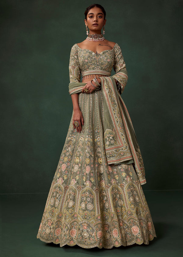 Green Georgette Kali Bridal Lehenga Set with Embroidery