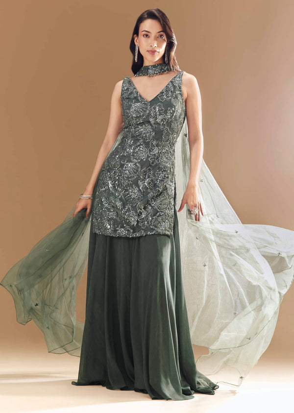 Green Georgette Palazzo Set with Choker Dupatta