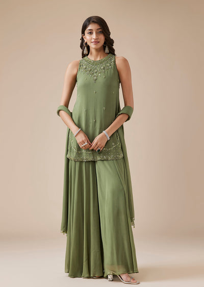 Green Georgette Tonal Embroidered Sharara Suit Set