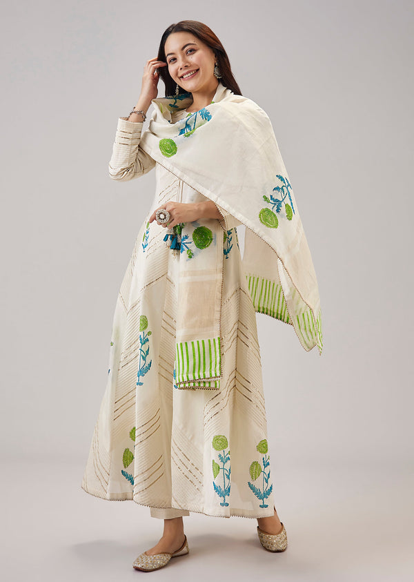 Green Hand Block Print Anarkali With Gotta Lace Work