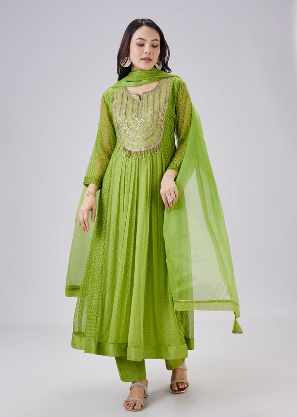 Green Hand Block Printed Chiffon Anarkali Set With Dupatta