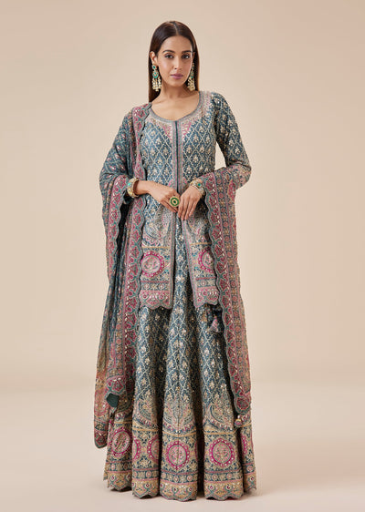 Green Indie Print Heavily Embellished Crepe Palazzo Suit Set