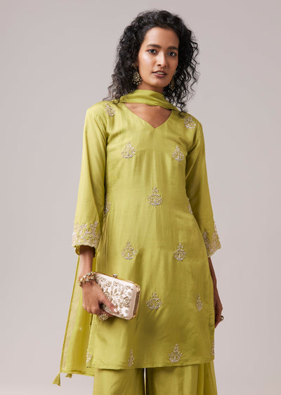 Green Kurta Palazzo Set in Silk with Cutdana Work