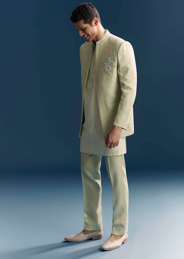 Green Matka Silk Jodhpuri Suit For Men With Hand Embroidery