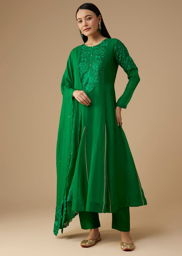Emerald Green Embroidered Anarkali Suit With Mukaish Work