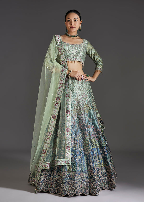 Green Ombre Lehenga With Gota Lace Finish