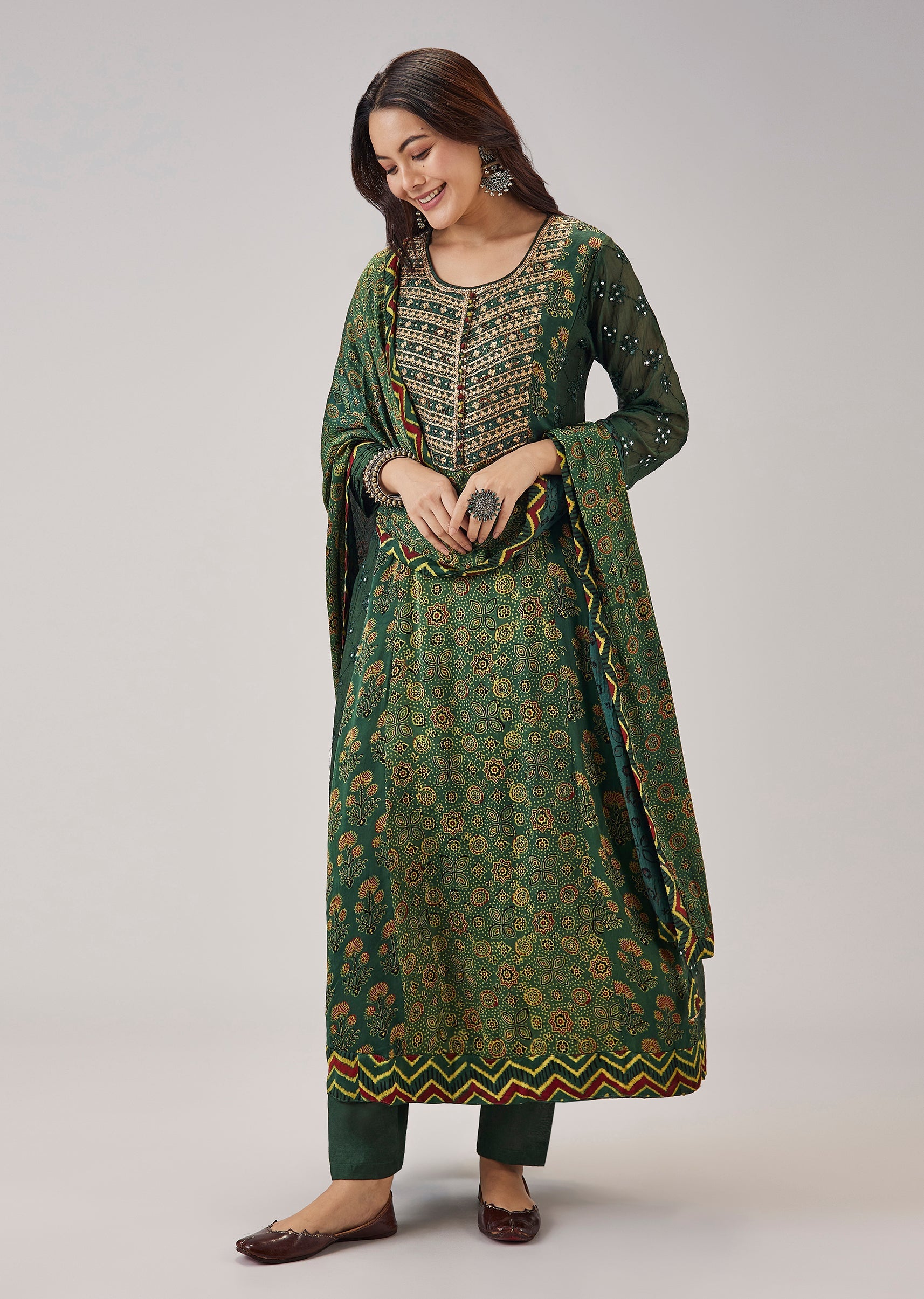 Green Hand Block Ajrakh Print Kurta Set With Zari Embroidered Yoke