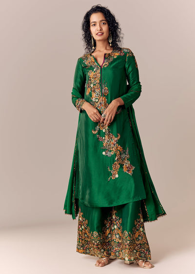 Green Printed Kurta Palazzo Set With Dupatta