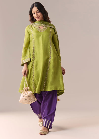 Green Purple Embellished Kurta Set With Salwar And Dupatta