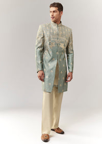 Green Raw Silk Indo Western With Applique And Resham Work