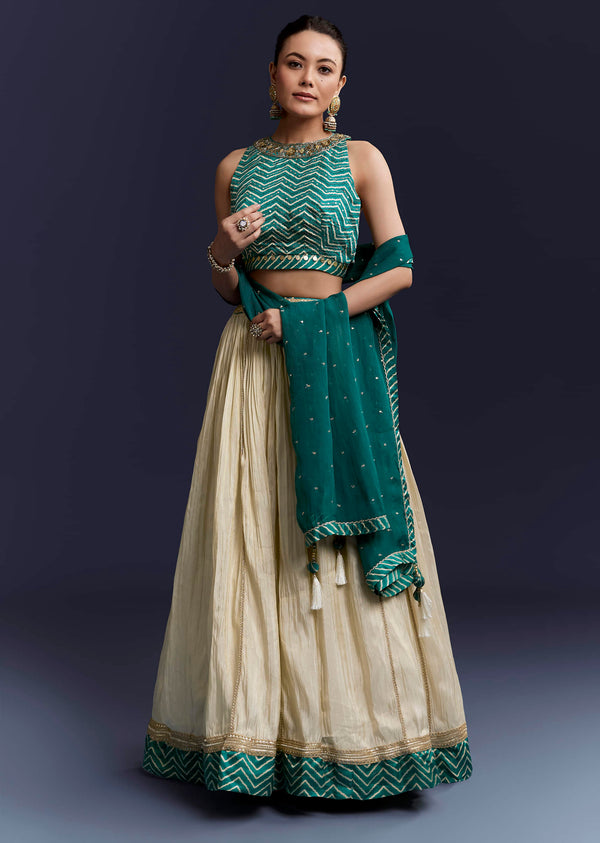 Green Satin Bridesmaid Lehenga With Hand Dyed Chevron Print Choli