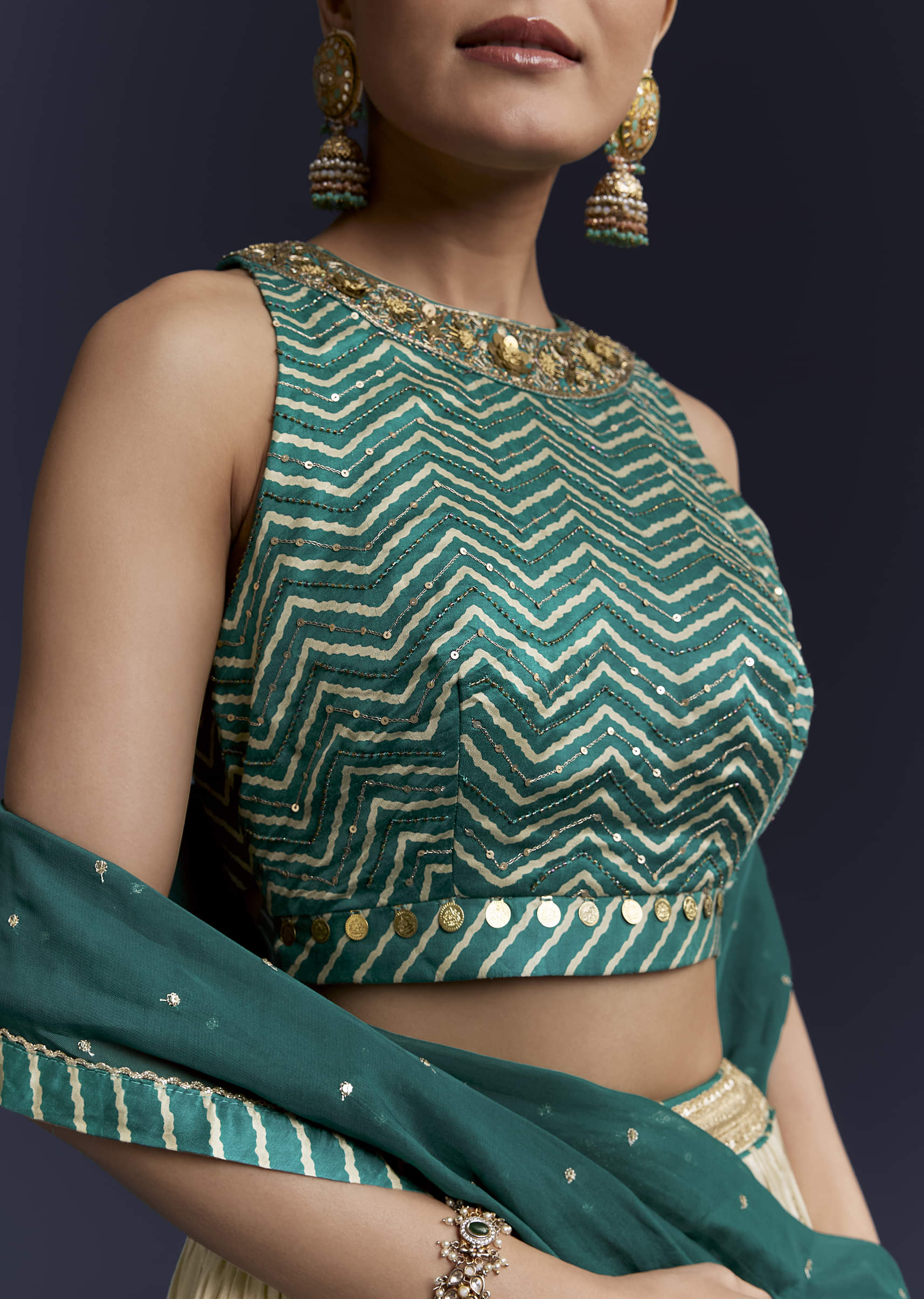 green-satin-bridesmaid-lehenga-with-hand-dyed-chevron-print-choli-sg345083-3.jpg