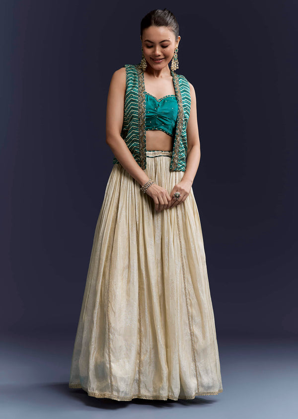 Green Satin Festive Lehenga With Hand Dyed Chevron Print Jacket