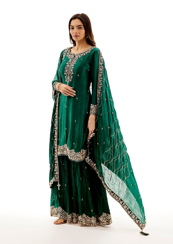 Green Satin Palazzo Dupatta Set With Cutdana And Sequins Work