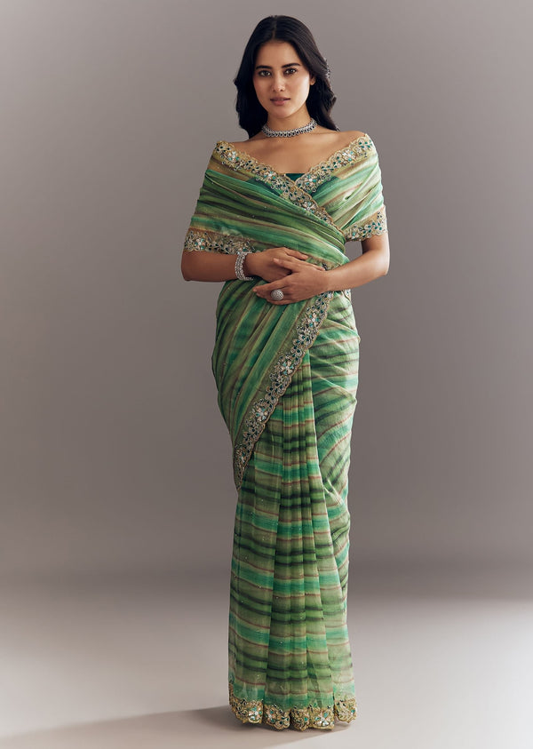 Green Shaded Tissue Saree With Cutdana Sequins And Beads Embroidery And Scallop Border