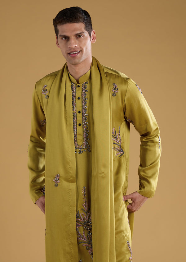 Green Silk Bead Work Men's Kurta Set with Dupatta