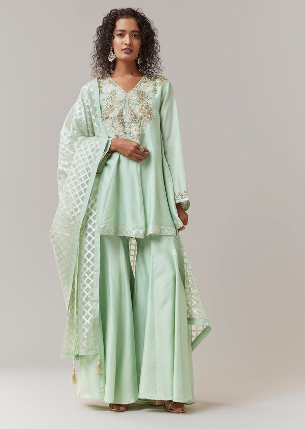 Green Silk Embroidered Kurta Sharara Set