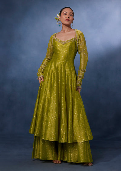Green Silk Hand Embroidered Anarkali Set With Crop Jacket