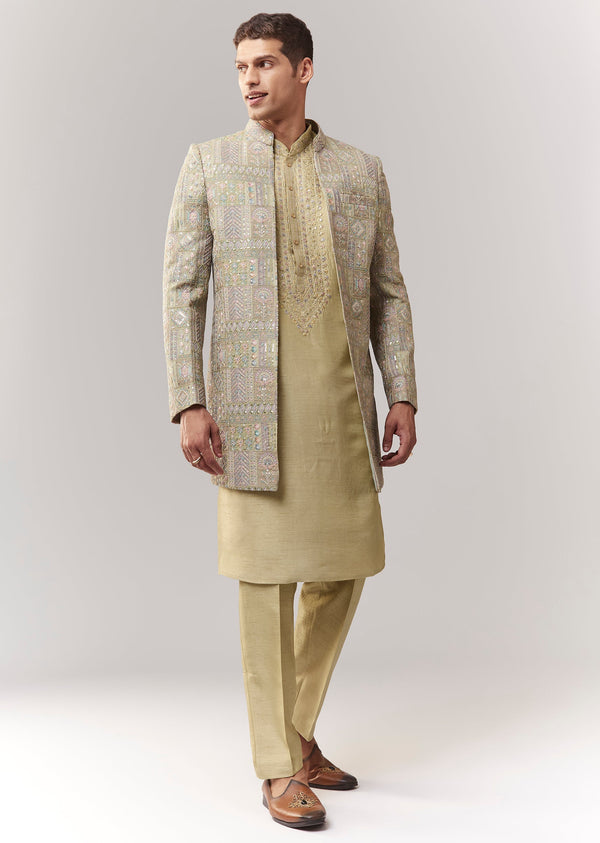 Green Silk Indo Western With Sequins And Resham Work