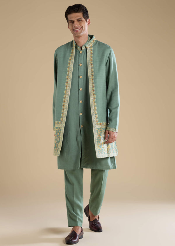 Green Silk Jacket Kurta Set with Resham Work