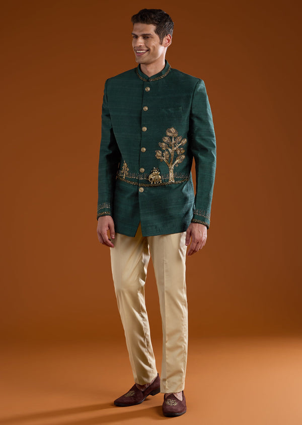 Green Silk Jodhpuri Set with Zari Embroidery