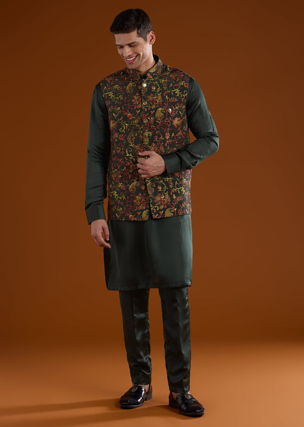 Green Silk Mens Kurta Jacket Set