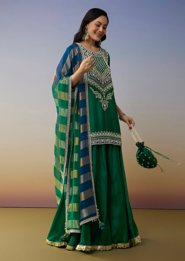 Green Silk Palazzo Suits with Moti Zardosi Work