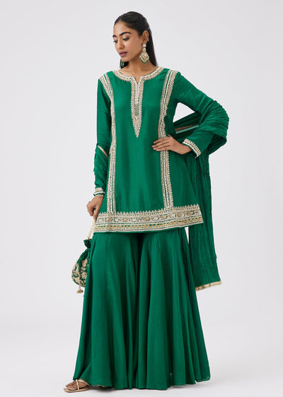 Green Silk Sharara Set With Sequined Embroidery