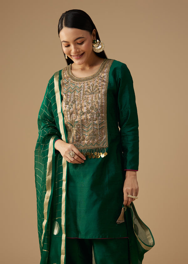 Green Pure Raw Silk Zardozi Embellished Kurta Set