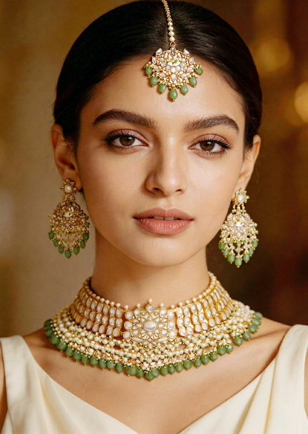 Green Stone And Bead Embellished Necklace Set With Maangtikka