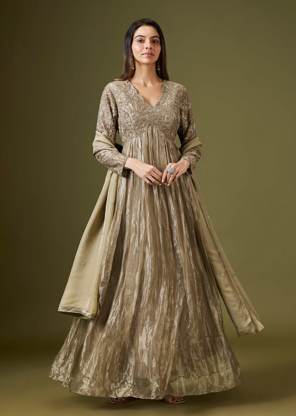 Green Tissue Embellished Anarkali Set With Dupatta