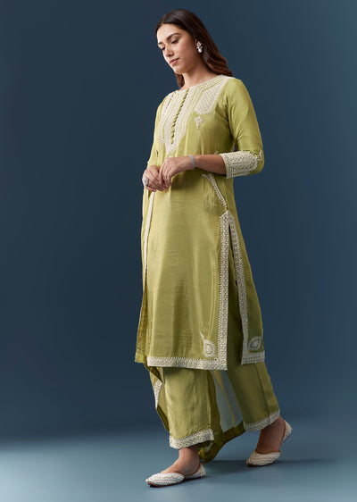 Green Tissue Embroidered Kurta Pant Set