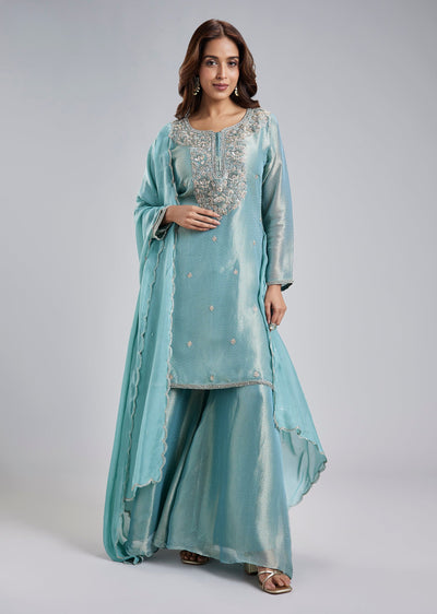 Green Tissue Jacquard Palazzo Set With French Knot Pearl Embroidered Yoke And Dupatta