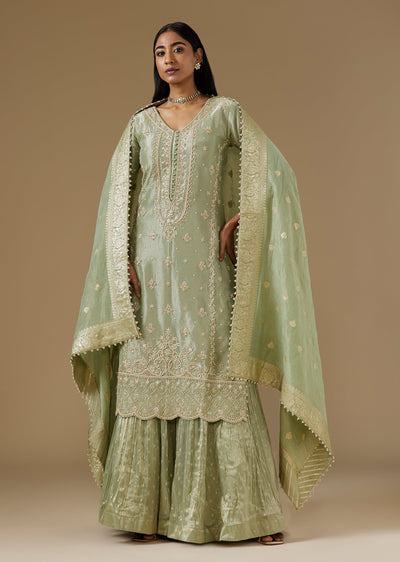 Green Tissue Palazzo Suit With Zardosi Cut Dana And Sequin Embroidery
