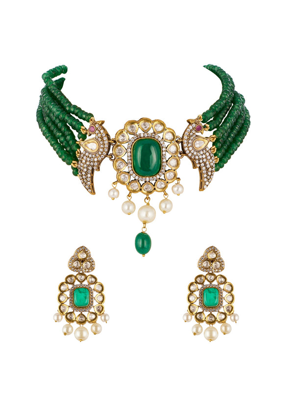 Green Traditional Kundan Polki Necklace Set with Faux Beads and Stones