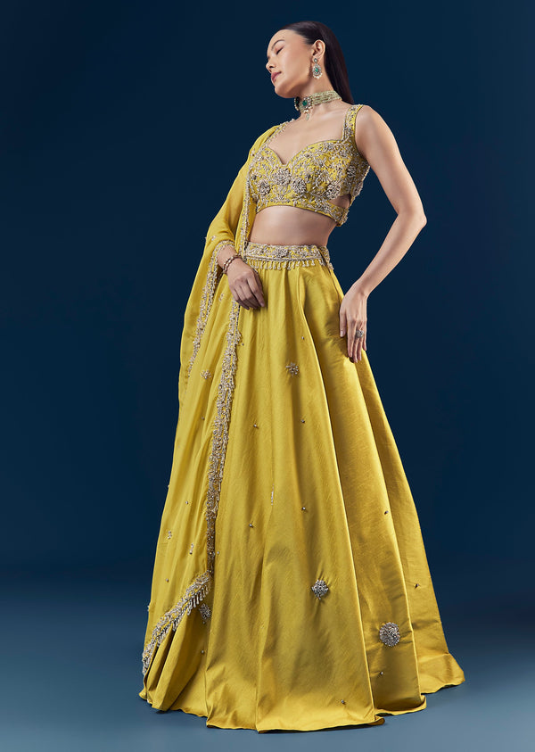 Green Tusser Silk Bridesmaid Lehenga Set with Hand Embroidery