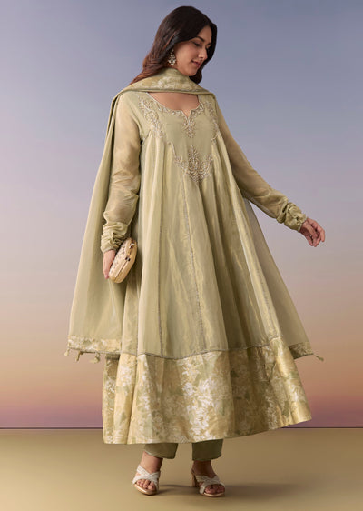 Green Zardosi Tissue Anarkali Suit Set With Pant And Dupatta