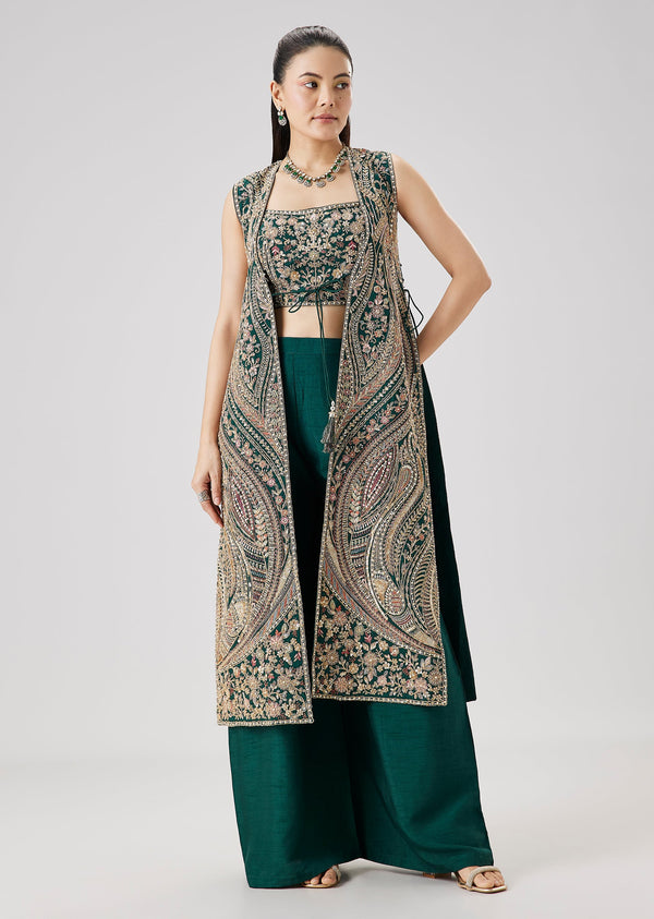 Green Zari And Resham Embroidered Crop Top Palazzo Set With Jacket