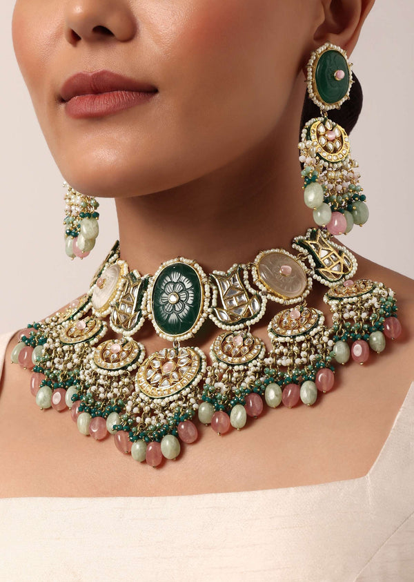 Green Kundan Choker Set With Carved Stones And Pink Beads