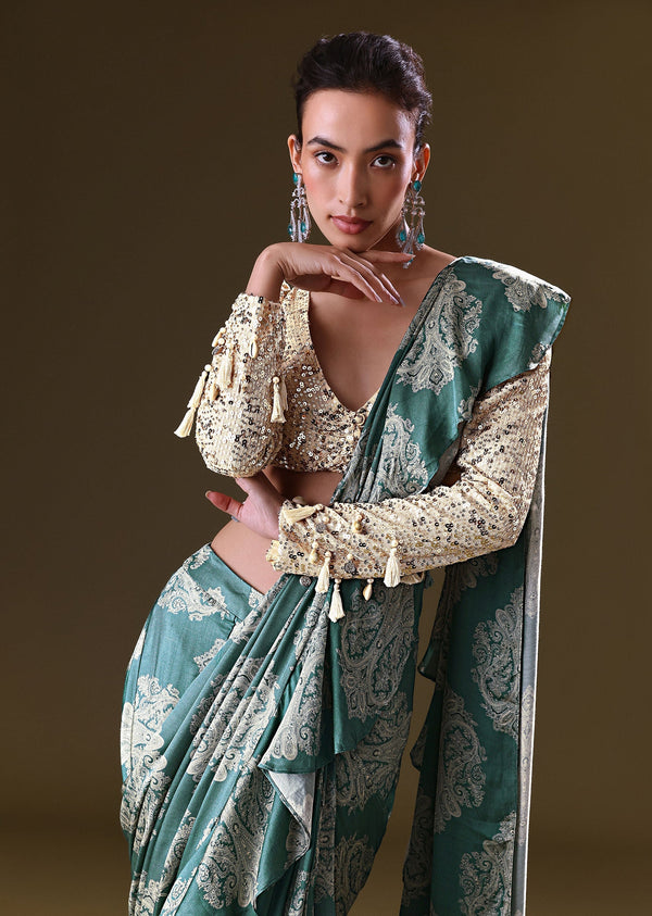 Green Pre Stitched Frill Saree With Backless Dori Blouse