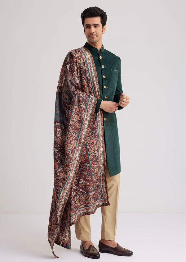 Green Velvet Nawabi Set With Printed Pashmina Dupatta