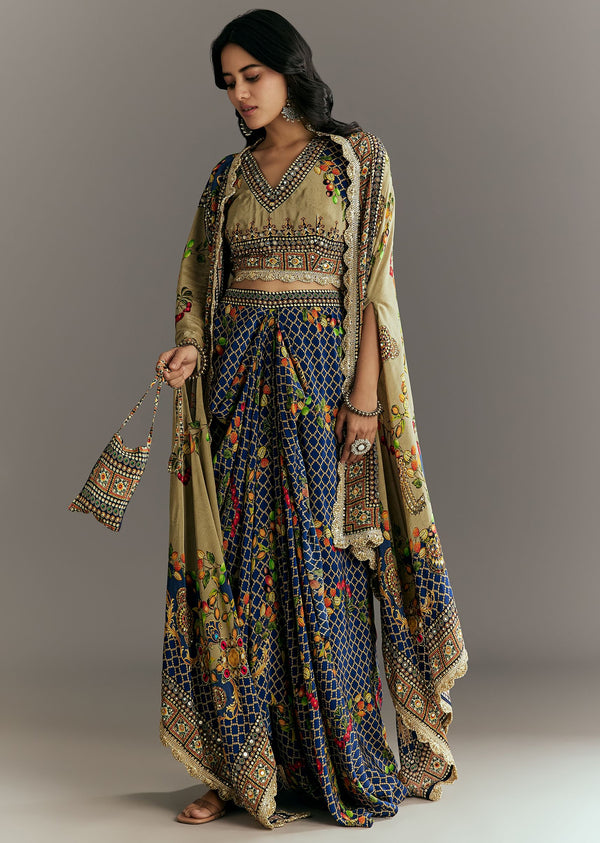 Greenish Beige Muslin Embroidered Croptop With Printed Skirt And Cape