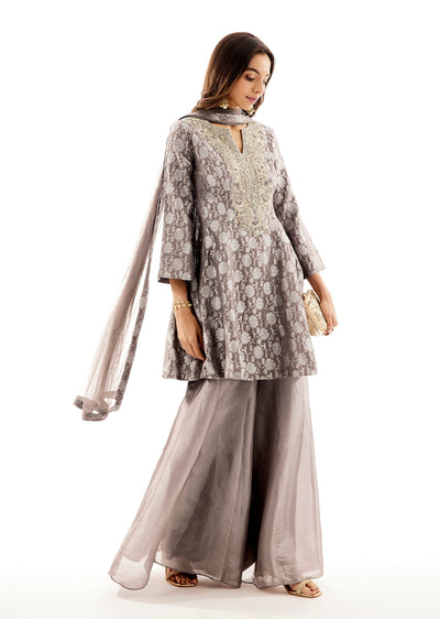 Grey Brocade Embroidered Peplum Palazzo Dupatta Set